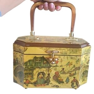 Vintage Anton Pieck Wooden Handbag Box Featuring a Joyous Snowy Town